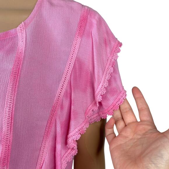 Pastel Pink Crochet Lace Tiered Ruffle Flutter Sleeve Dress SZ XS - Picture 3 of 10